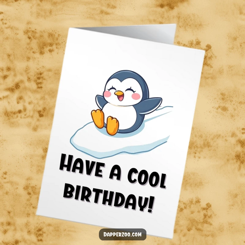 Funny Free Printable Birthday Card: A happy penguin winks while joyfully sliding down an icy slope.