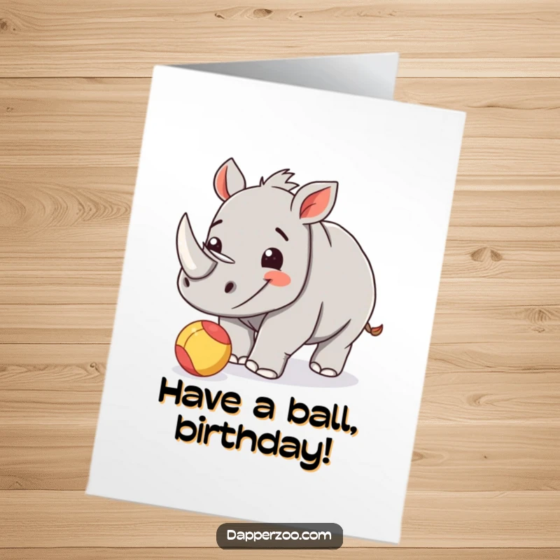 Funny Free Printable Rhino Birthday Card: Happy rhinoceros calf playfully nudging a small, brightly colored ball with its cute snout.