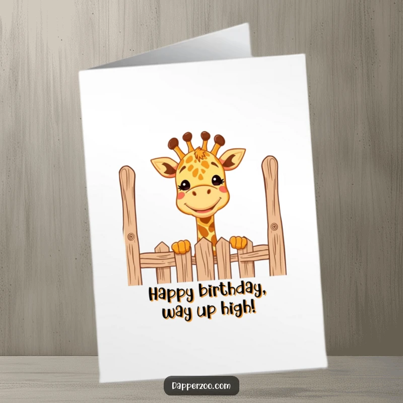 Funny Free Printable Birthday Card: Joyful giraffe peeking over a tall fence with a huge, wide grin, celebrating a birthday.