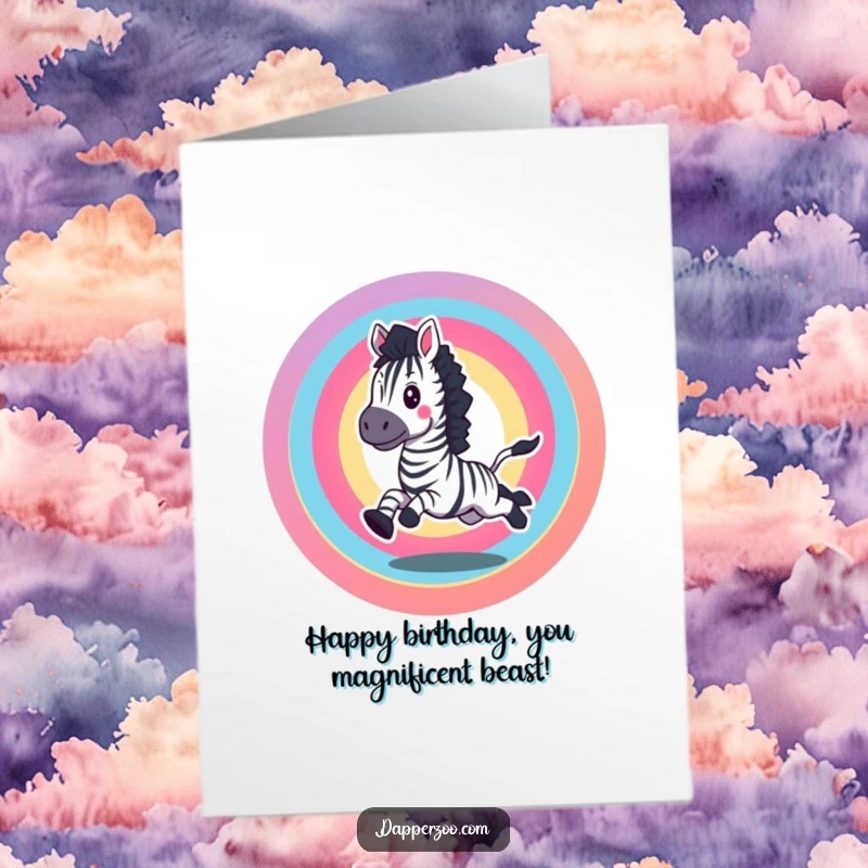 Funny free printable birthday card: An excited zebra enthusiastically gallops within a vibrant rainbow circle.