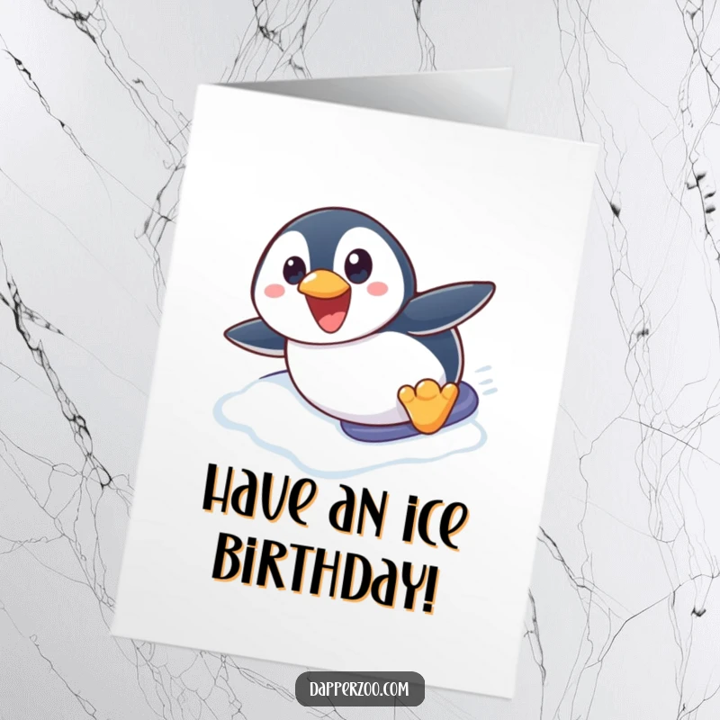 Funny Free Printable Birthday Card: Excited penguin belly-sliding down ice, capturing pure birthday excitement and joy.