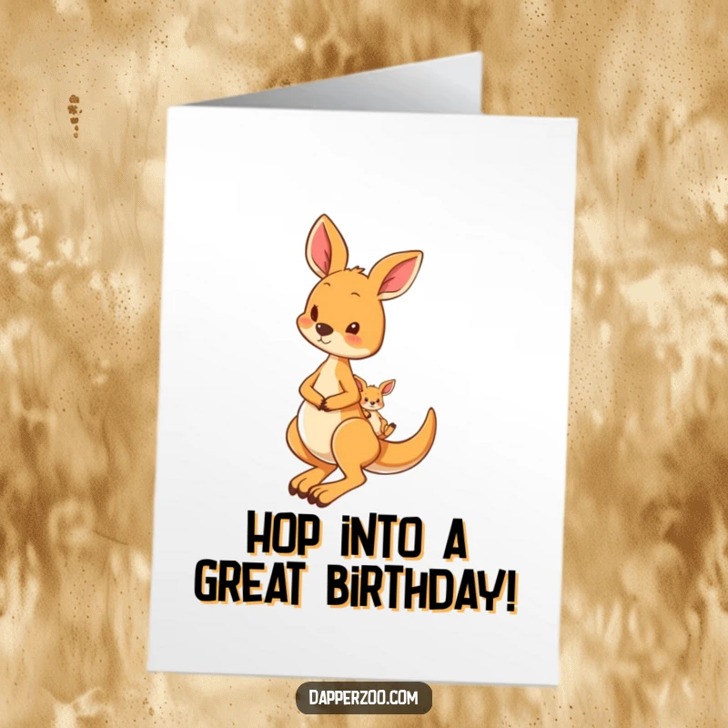 Funny Free Printable Birthday Card: A curious kangaroo happily hops with a tiny joey peeking from her pouch.