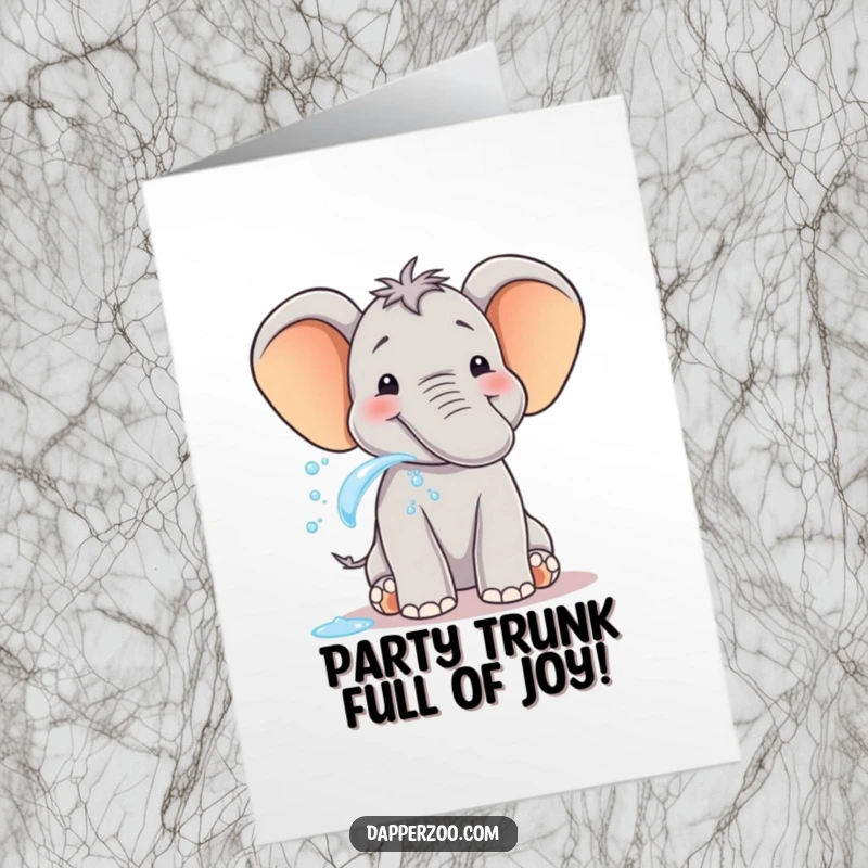 Funny Free Printable Birthday Card: Smiling elephant joyfully spraying water from its trunk, celebrating a happy occasion with a big grin.