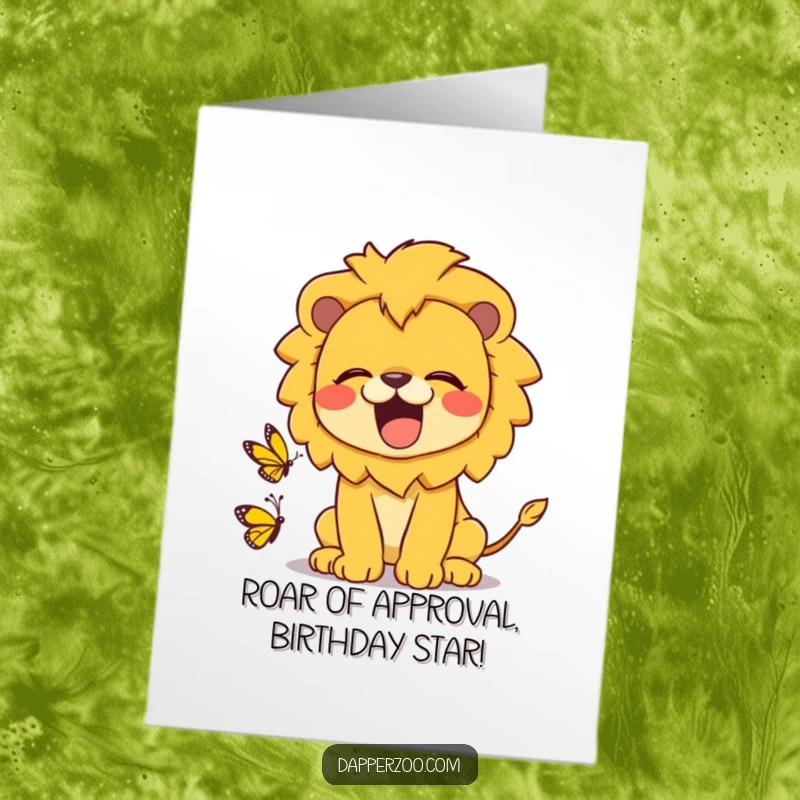 Funny Free Printable Birthday Card featuring a cute Kawaii lion playfully roaring with all its might at a tiny, surprised butterfly.