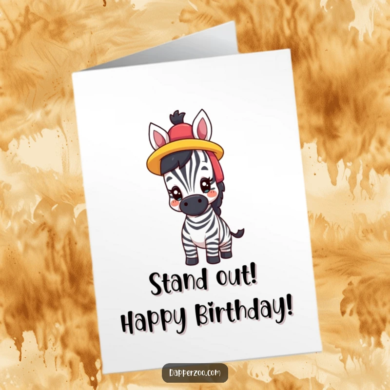 Funny Free Printable Birthday Card: A proud zebra comically tries on a ridiculously bright and colorful hat.