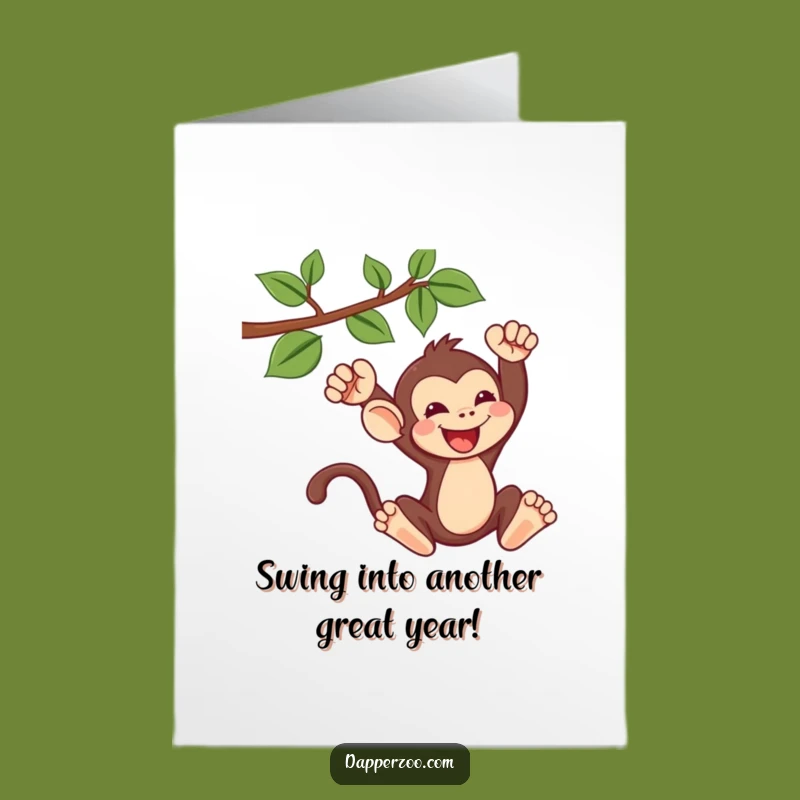 Free Printable Birthday Card: Swinging into Fun! Funny Kawaii Monkey, Downloadable Gift