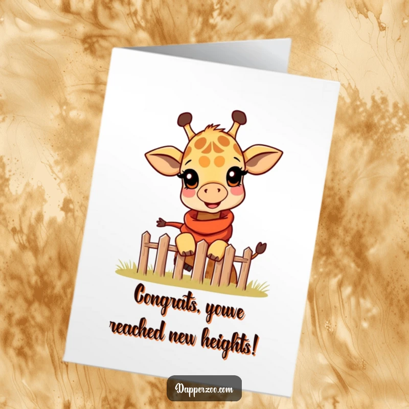 Funny Free Printable Congratulations Card: Giraffe calf wearing scarf peeking over fence, curious, proud, achievement gift, downloadable art