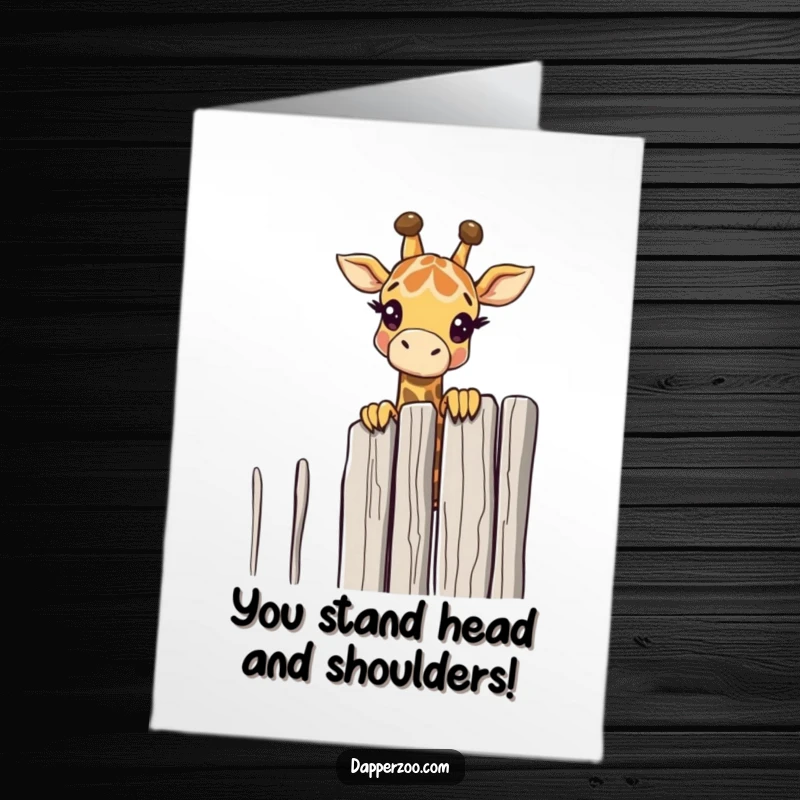 Funny Free Printable congratulations card: A curious giraffe character peeking over a tall, comically thin fence, showing interest in achievements.