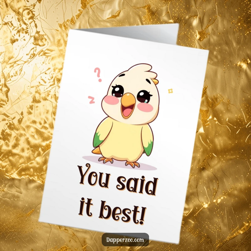 Funny Free Printable Congratulations Card: A Kawaii parrot gleefully imitates a funny sound, celebrating your great achievement.