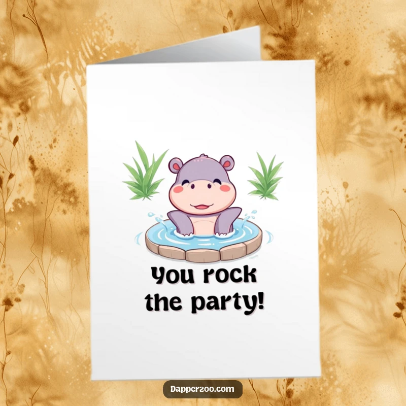 Funny Free Printable Congratulations Card: A gleeful Kawaii hippo joyfully splashes in water, celebrating your wonderful achievement.