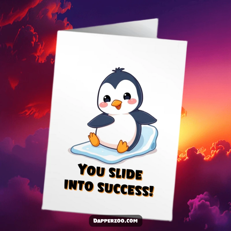 Funny Free Printable congratulations card: A playful penguin character excitedly slides down an ice slide on its belly, celebrating success.