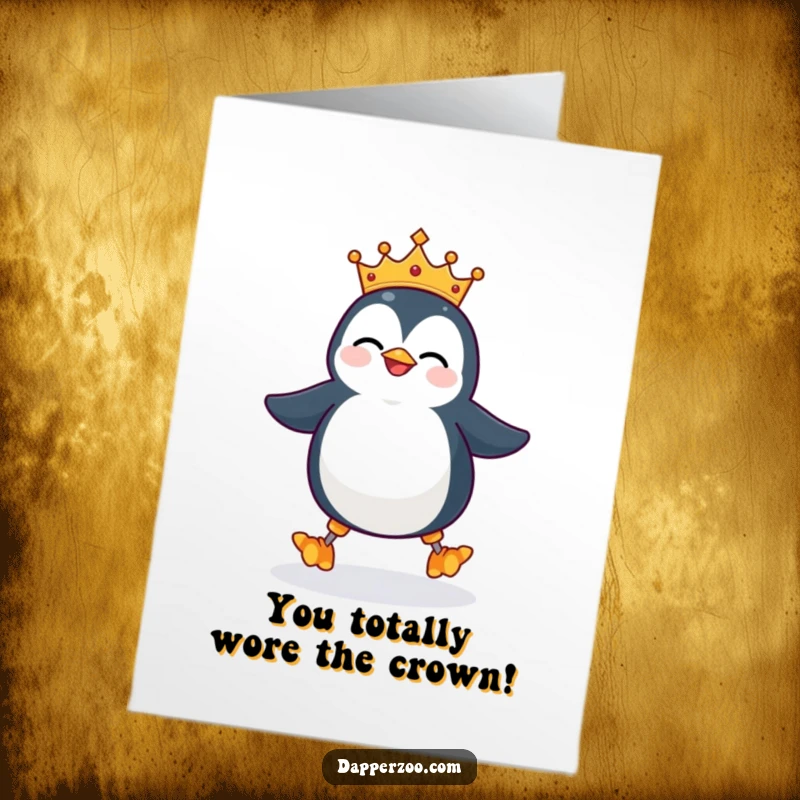 Funny Free Printable Congratulations Card: A giggling penguin wearing a tiny crown wobbles precariously on stilts, celebrating a big win.