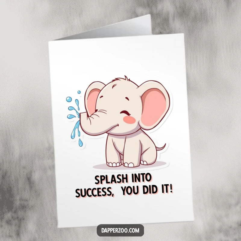 Funny Free Printable Congratulations Card: An ecstatic Kawaii elephant exuberantly sprays a massive jet of water, expressing pure joy for an accomplishment.