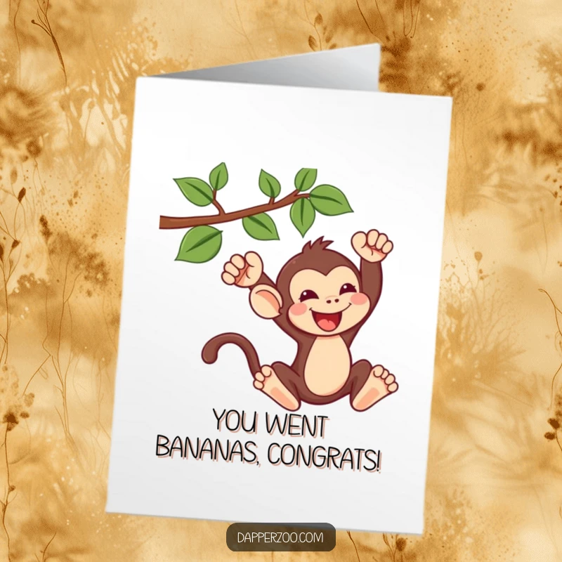 Funny Free Printable Congratulations Card: A gleeful Kawaii monkey swings energetically from a vine, celebrating a fantastic accomplishment with unbridled enthusiasm.