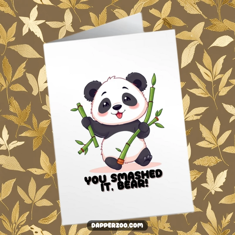 Free Printable Congrats Card: Fluffy panda hilariously attempting to juggle bamboo, celebrating a successful feat.