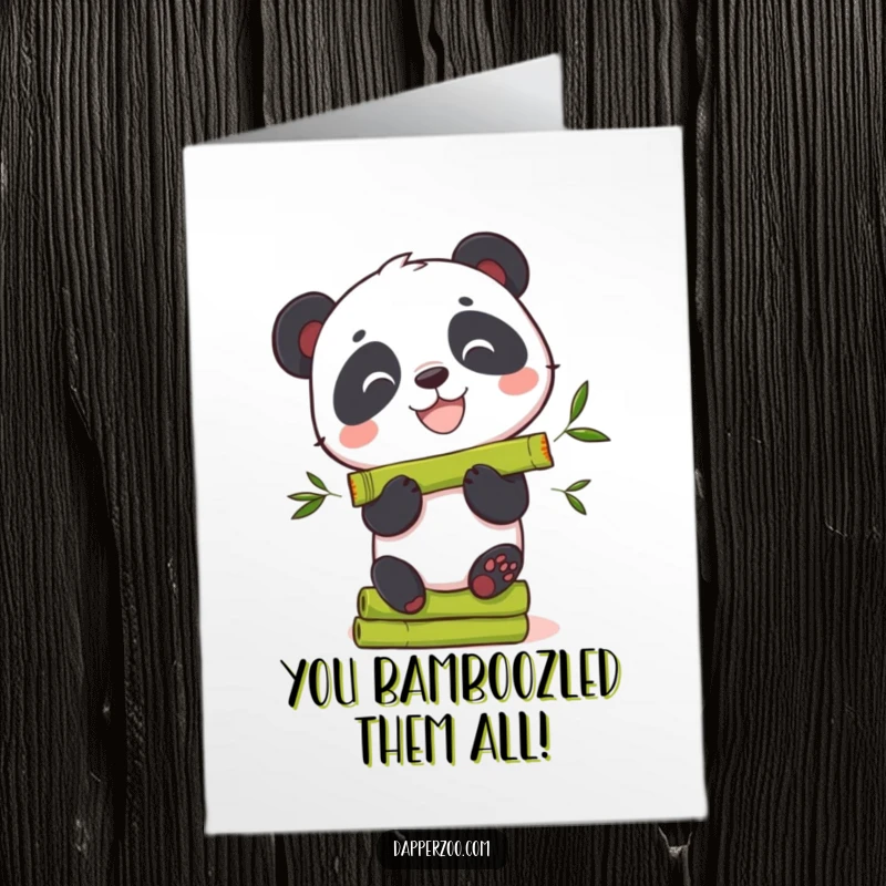Funny Free Printable Panda Congratulations Card: Curious panda bear grinning while balancing a precarious stack of bamboo shoots in celebration.