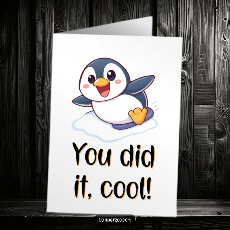 Free Printable Congrats Card: Penguin joyfully sliding down an icy slope, celebrating a fantastic achievement with wide-eyed excitement.