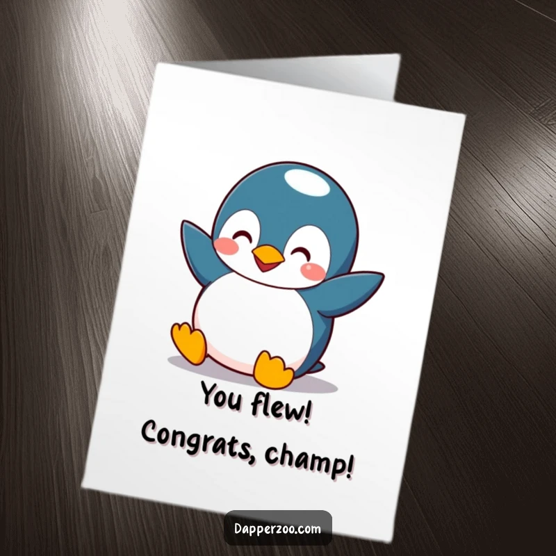 Funny Free Printable Congratulations Card: Penguin soaring with tiny wings, celebrating success with a triumphant, silly expression.