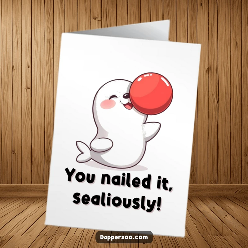 Funny Free Printable Congratulations Card: Joyful seal character expertly balancing a large red ball on its nose.
