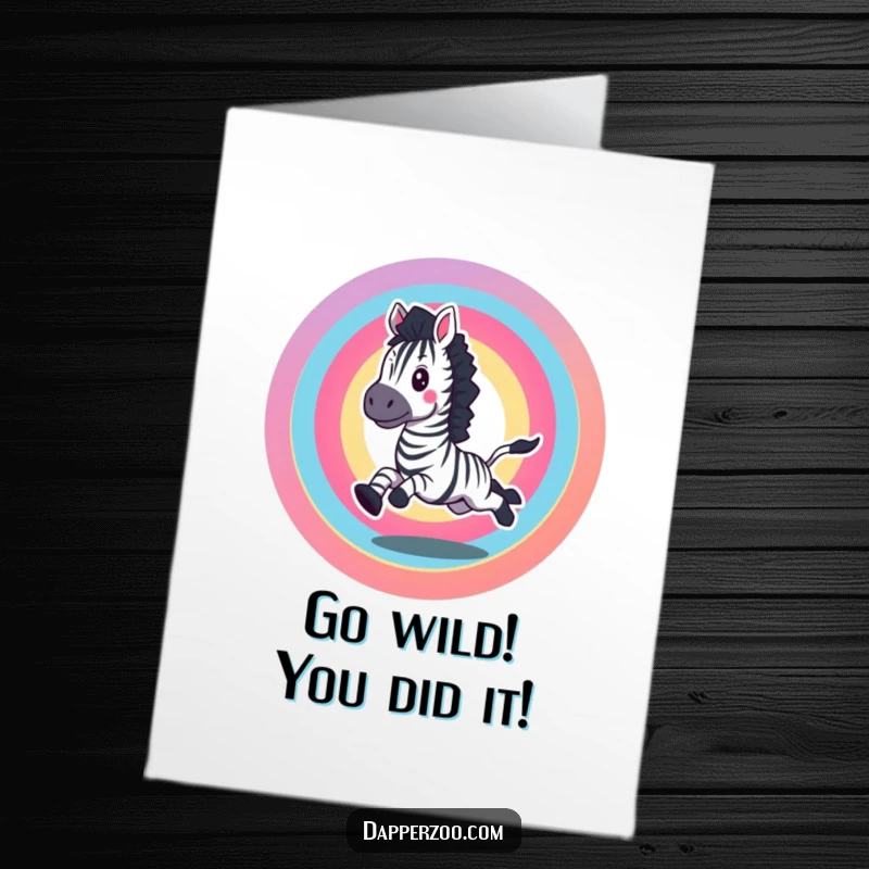 Funny free printable congratulations card: An excited zebra gallops enthusiastically, creating a vibrant rainbow circle.
