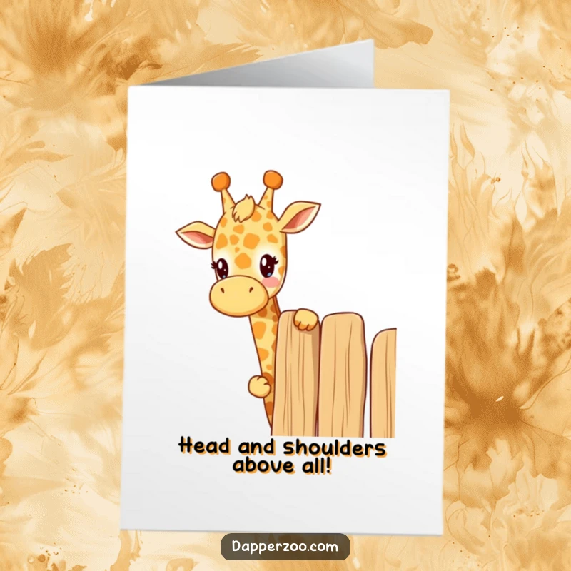 Funny Free Printable Congratulations Card: A curious Kawaii giraffe peeks over a fence, symbolizing great height and impressive achievements with playful charm.