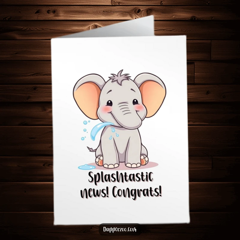 Funny Free Printable Congratulations Card: Delighted elephant spraying water from its trunk in celebration of a great achievement.