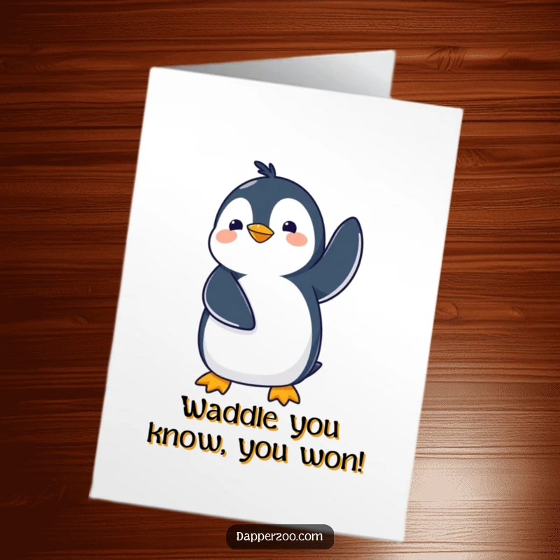 Funny Free Printable Congratulations Card: A delightful Kawaii penguin comically waddles, its flippers in the air, celebrating a grand achievement with infectious humor.