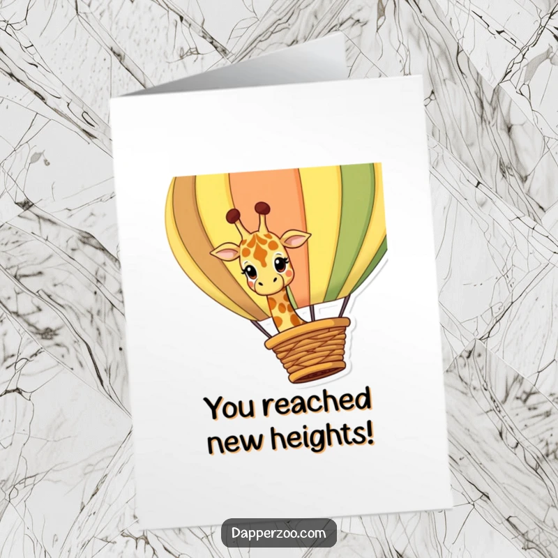 Free Printable Congrats Card: Curious giraffe peeking over a colorful hot air balloon basket, celebrating a grand accomplishment.
