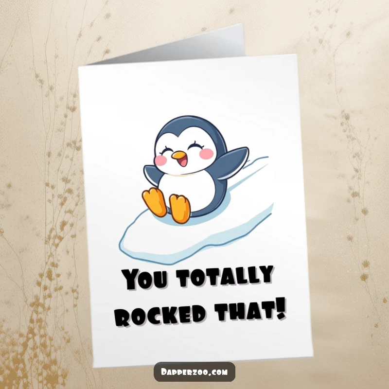 Funny Free Printable Congratulations Card: A cheerful penguin winks as it slides gleefully down an icy slope.