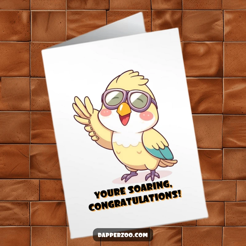 Funny Free Printable Parrot Congratulations Card: Joyful parrot in aviator goggles waves a celebratory greeting with a big smile.