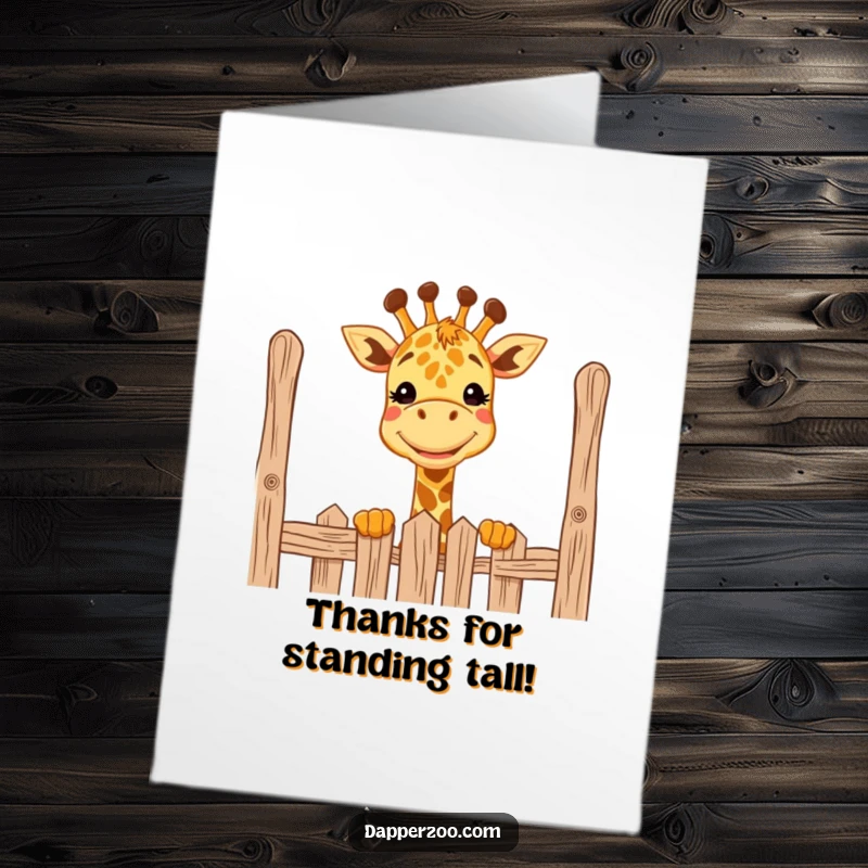 Funny Free Printable Thank You Card: A joyful giraffe peeking over a tall fence, offering a wide, grateful grin.