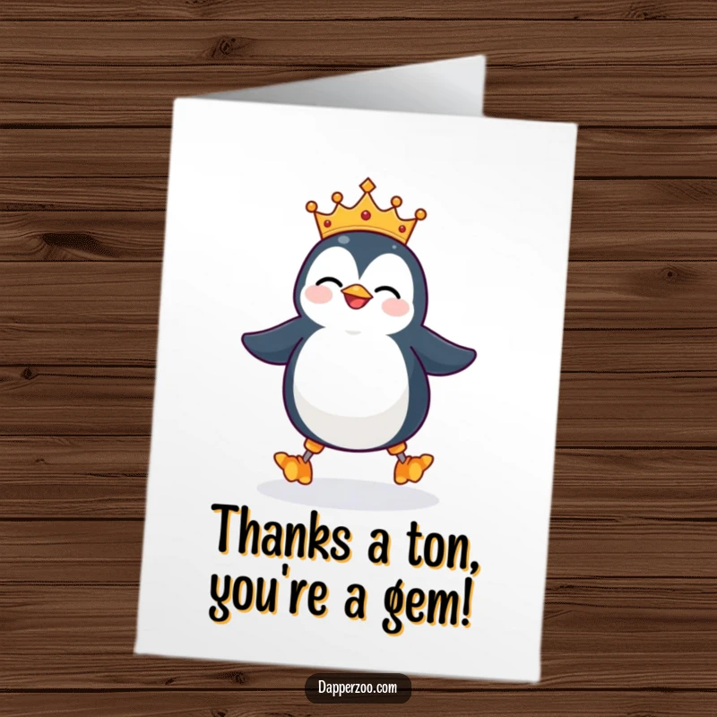 Funny Free Printable Thank You Card: A giggling penguin with a tiny crown attempts to walk on stilts, offering thanks.