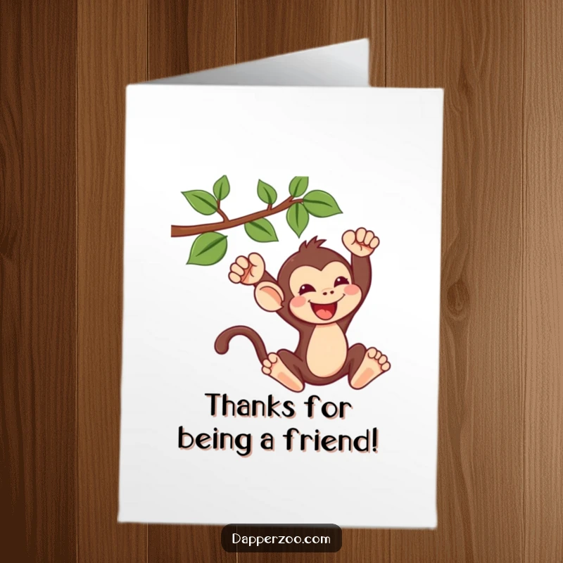 Funny Free Printable Thank You Card: A cheerful Kawaii monkey swings joyfully from a vine, sending thanks with a playful and energetic flourish.