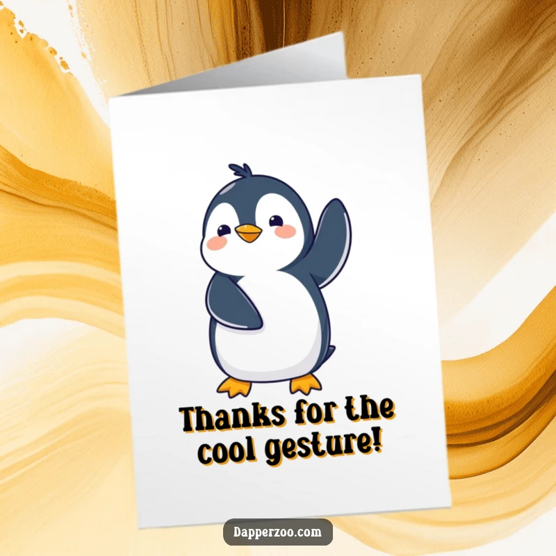 Funny Free Printable Thank You Card: A cute Kawaii penguin waddles with its flippers up, comically expressing thanks in a wonderfully amusing way.
