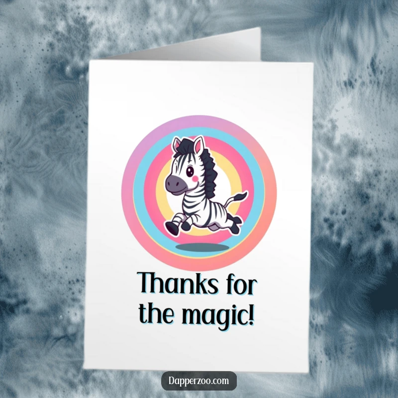 Funny free printable thank you card: An excited zebra gallops joyfully, leaving a trail of rainbow color.