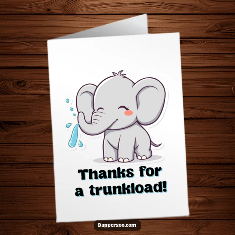 Funny free printable thank you card: A cheerful elephant spraying water in an arc, symbolizing appreciation.