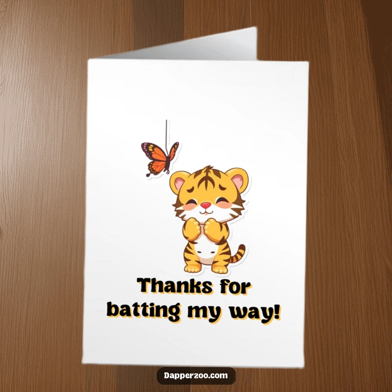 Funny Free Printable Thank You Card: A tiger cub playfully bats its paws towards a colorful butterfly.