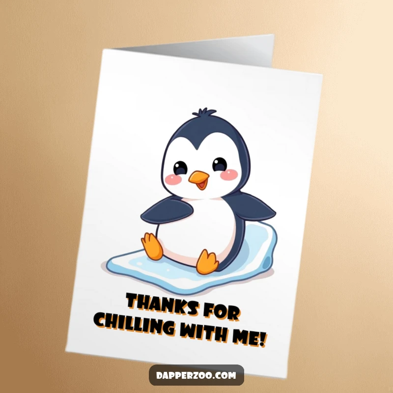 Funny Free Printable thank you card: Playful penguin character belly sliding down an ice slide, sending thanks with a smile.