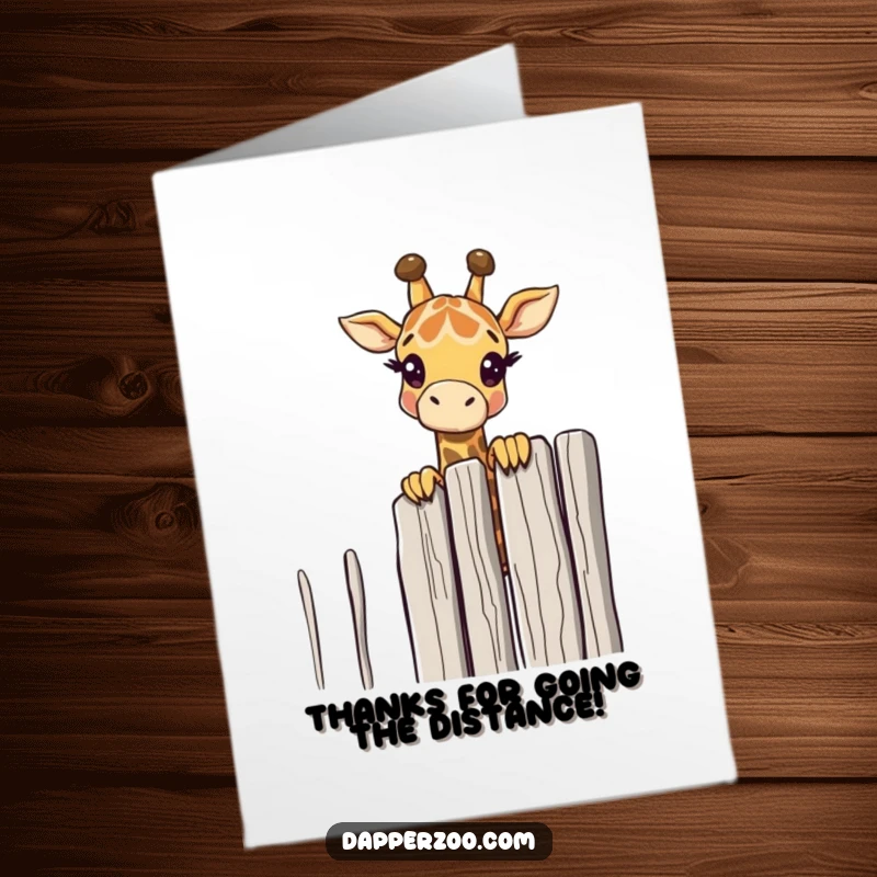 Funny Free Printable thank you card: Curious giraffe character peeking over a tall, comically thin fence, expressing thanks playfully.