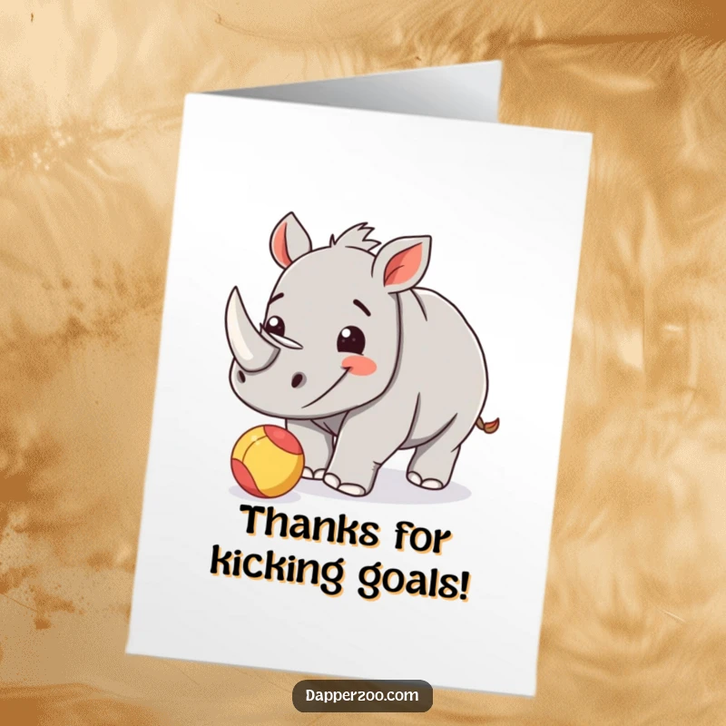 Funny Free Printable Rhino Thank You Card: Happy rhinoceros calf playfully nudging a colorful ball, conveying a sweet thank you.
