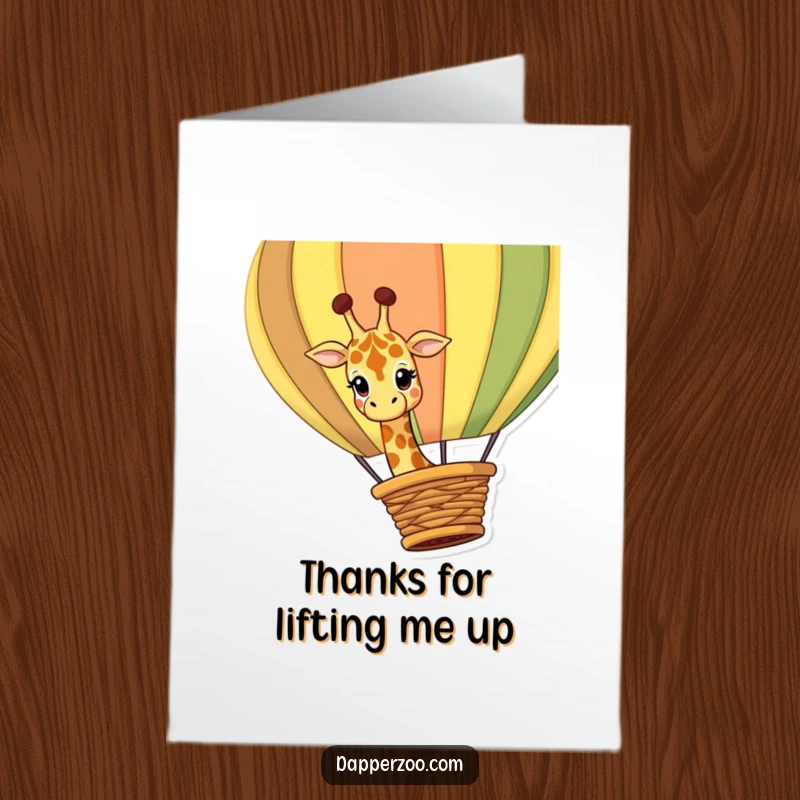 Funny Free Printable Thank You Card: Giraffe curiously peeking over a hot air balloon, sending a humorous and heartfelt thank you.