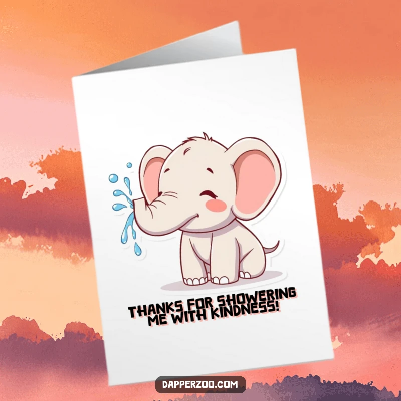 Funny Free Printable Thank You Card: A delighted Kawaii elephant sprays a celebratory stream of water, conveying heartfelt thanks with a cheerful gesture.