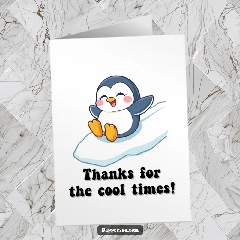 Funny Free Printable Thank You Card: A winking penguin slides joyfully down an icy slope, sending thanks.