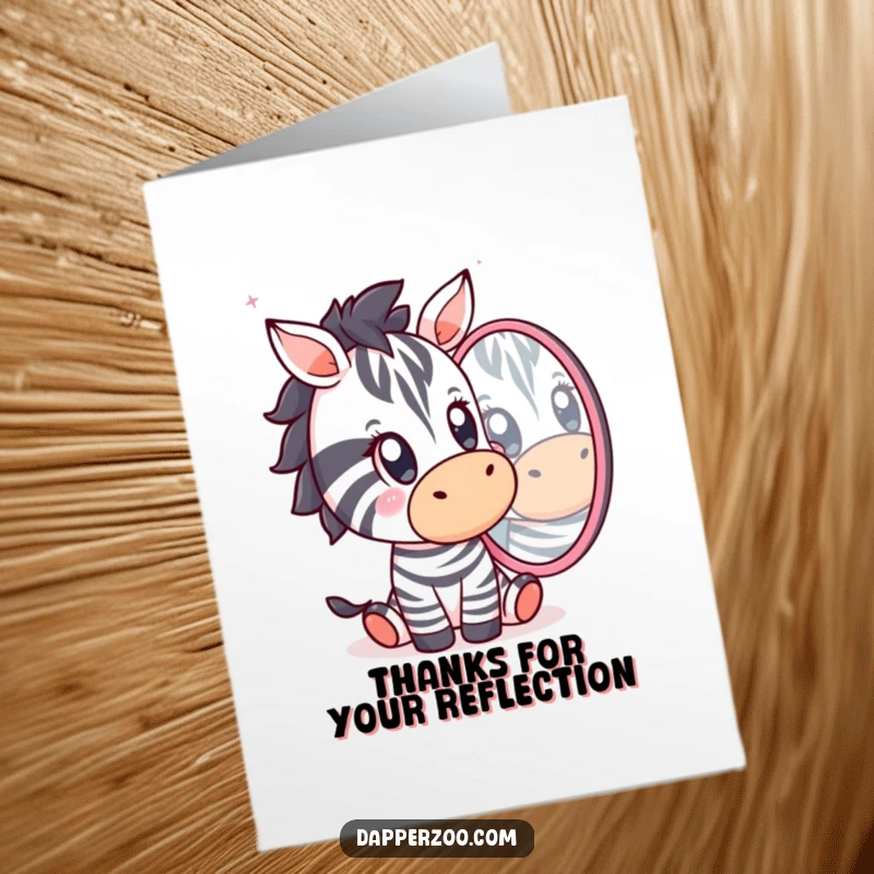 Funny Free Printable Thank You Card: A Kawaii zebra reacts with humorous surprise to its reflection, conveying thanks.