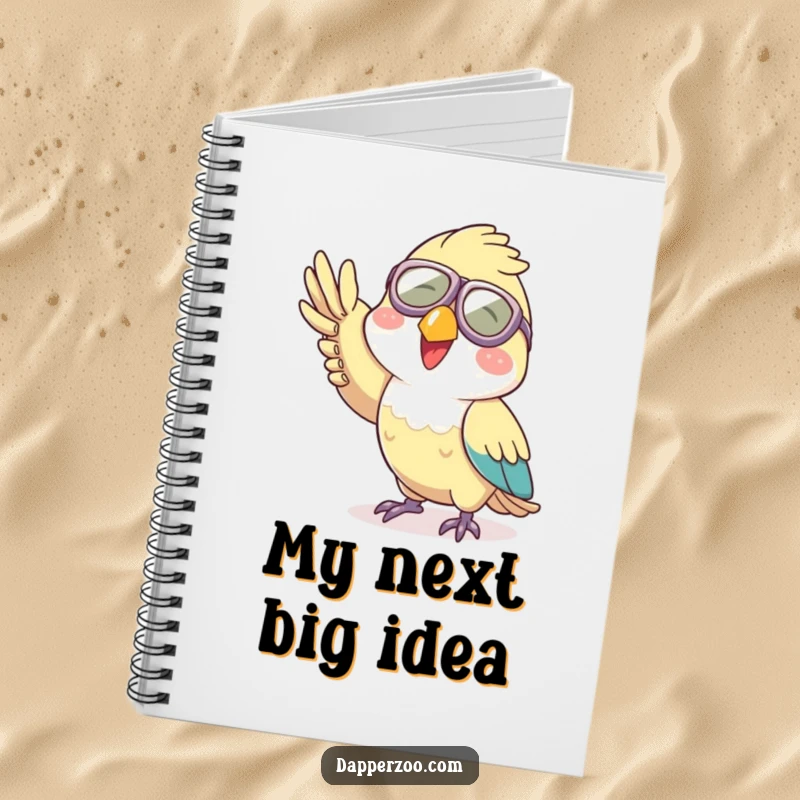 Funny aviator parrot notebook, featuring a joyful character in tiny goggles waving, ready for notes.
