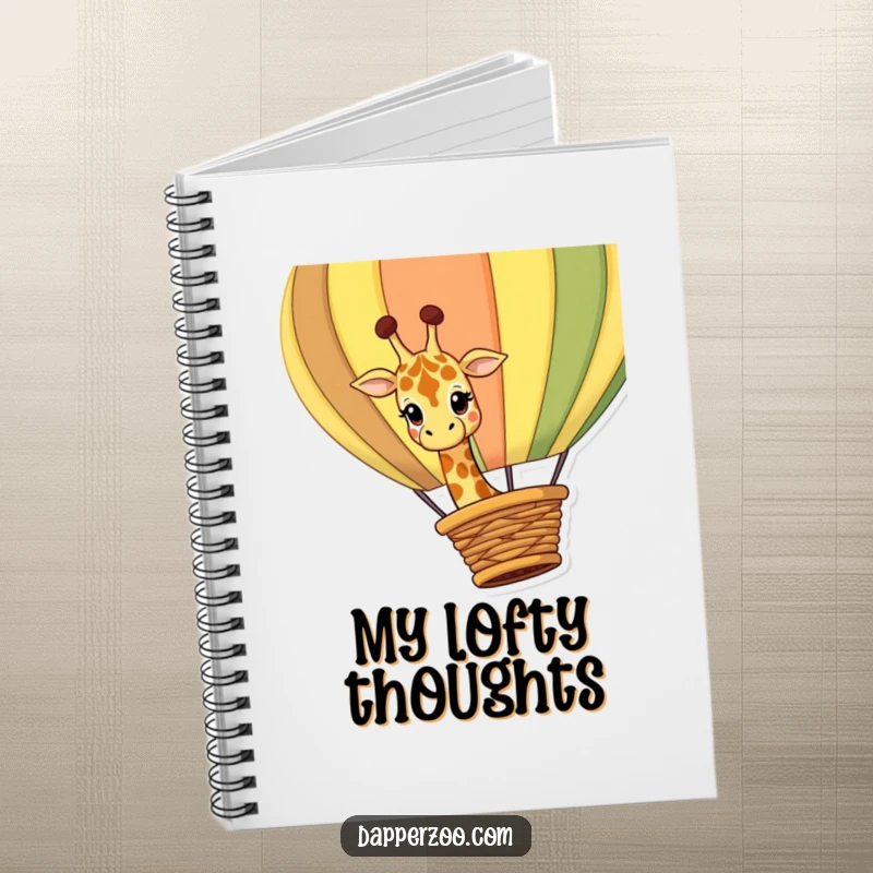 Funny giraffe notebook featuring a curious giraffe character peeking over a giant, colorful hot air balloon basket, perfect for note-taking.