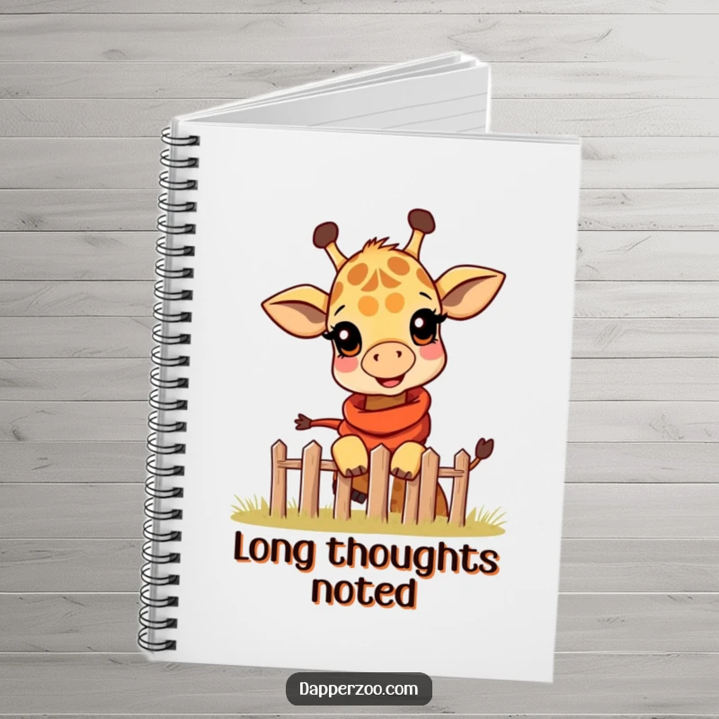 Funny notebook featuring a happy giraffe calf in a tiny scarf, playfully peeking over a miniature fence, perfect for notes.