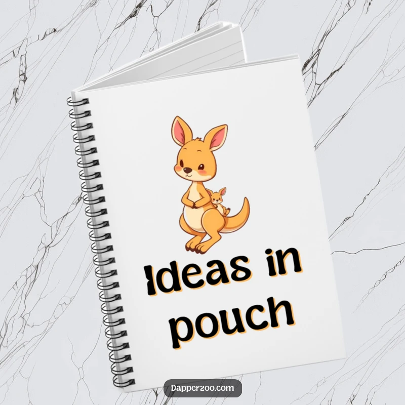 Funny notebook cover featuring a curious kangaroo hopping with a tiny joey in its pouch, inspiring sweet thoughts.