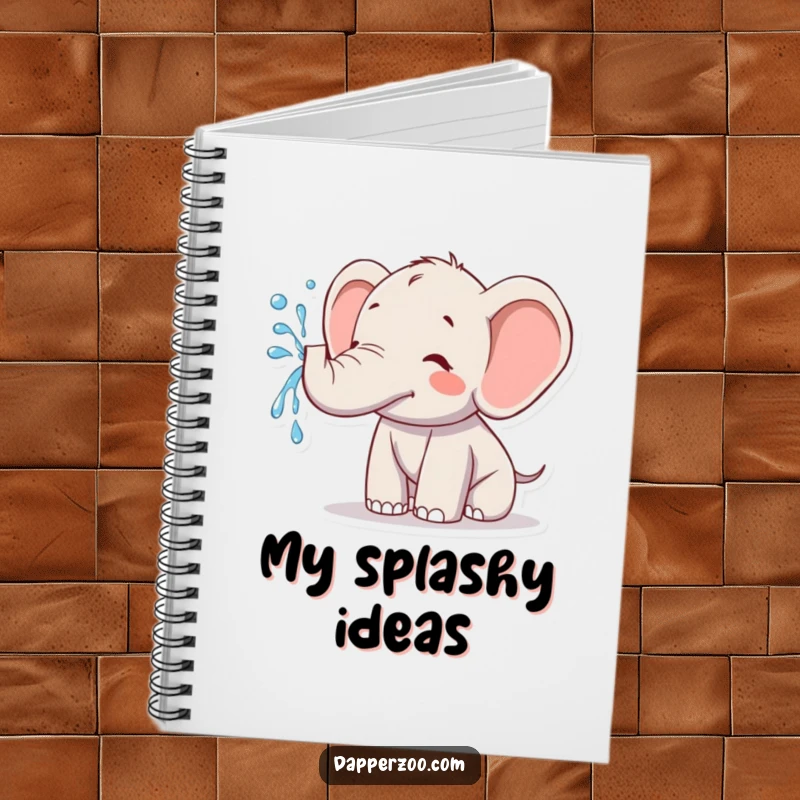Funny kawaii elephant notebook with a cute elephant joyfully spraying water from its trunk, perfect for jotting down cheerful notes.