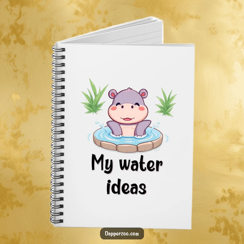 Funny Kawaii hippo character happily splashing water on a notebook cover, inspiring joyful and carefree note-taking.